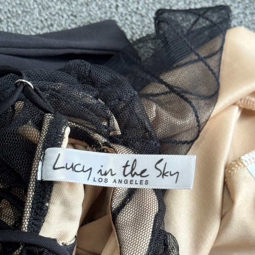 Lucy in the Sky Black Mesh Tan Mini Dress XS V-Neck Coquette Party Fit Flare - Picture 4 of 9